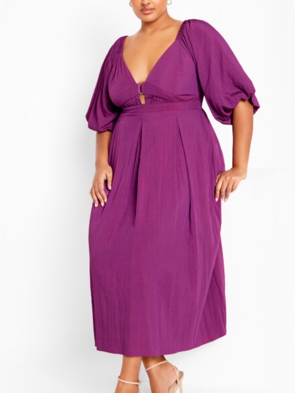 City Chic Purple Asymmetrical Midi Dress with Puff Sleeves - Picture 3 of 7